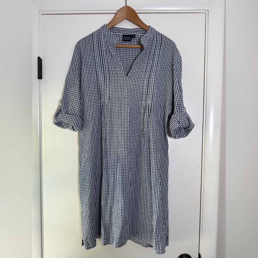 Madison Mathews Navy Blue White Gingham Tunic Dress Roll Tab Sleeves Size Medium